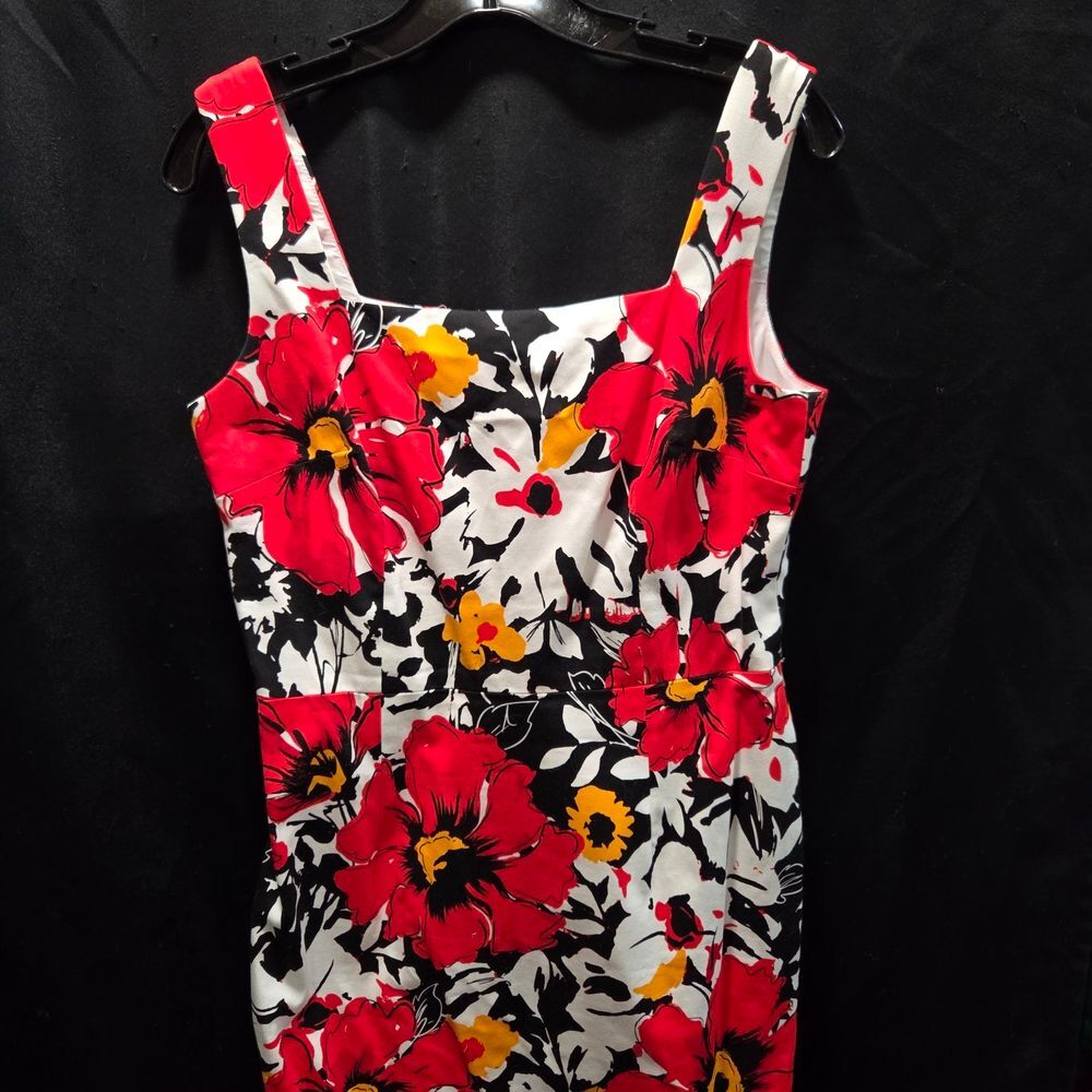 David Meister Dress 8 Red Floral Sheath Square Neck Cotton Blend EUC - Picture 3 of 13